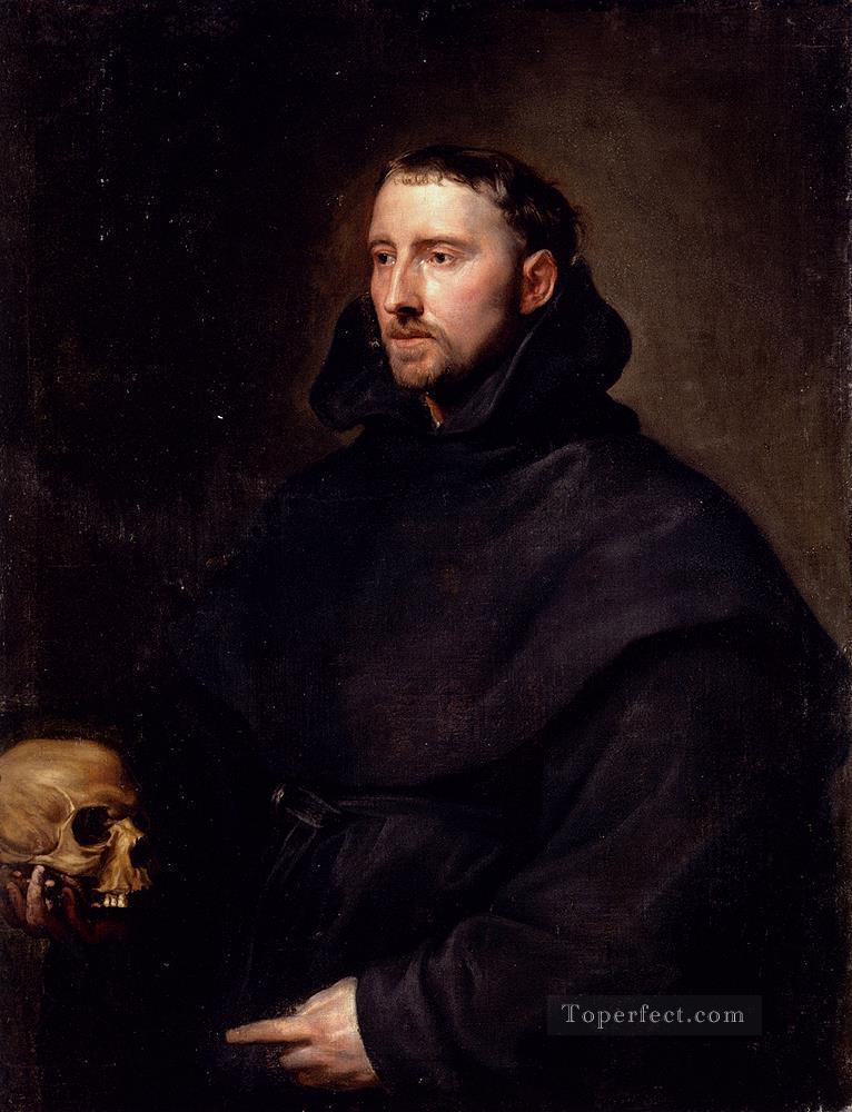 頭蓋骨を持つベネディクト会修道士の肖像 バロックの宮廷画家アンソニー・ヴァン・ダイク油絵